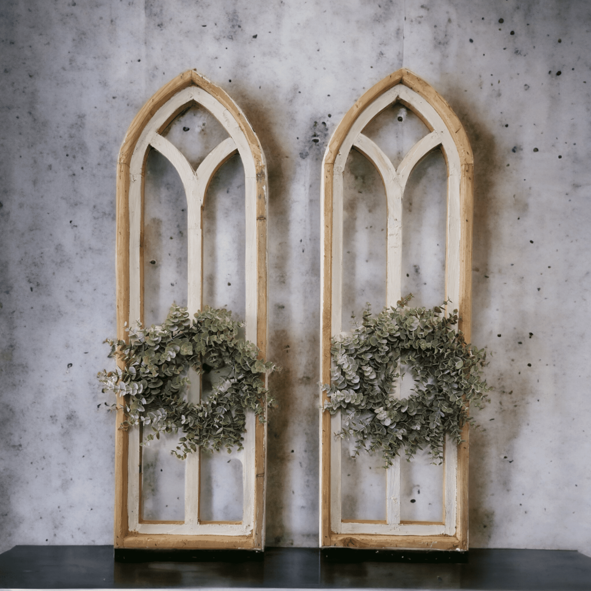 The Ivory Point Farmhouse Wooden Wall Window Arches Set of 2 -3 Sizes - Rustic Cathedral Wood Windows- Ivory Point wall windowsRanch Junkie